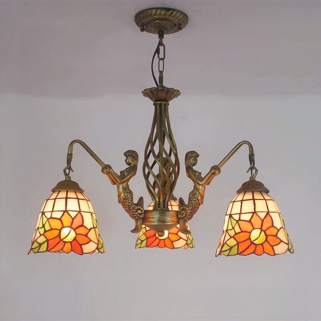 A043880ステンドグラス．ペンダントライト豪華天井照明ステンドグラスランプ ガラス工芸品． 電源直結..