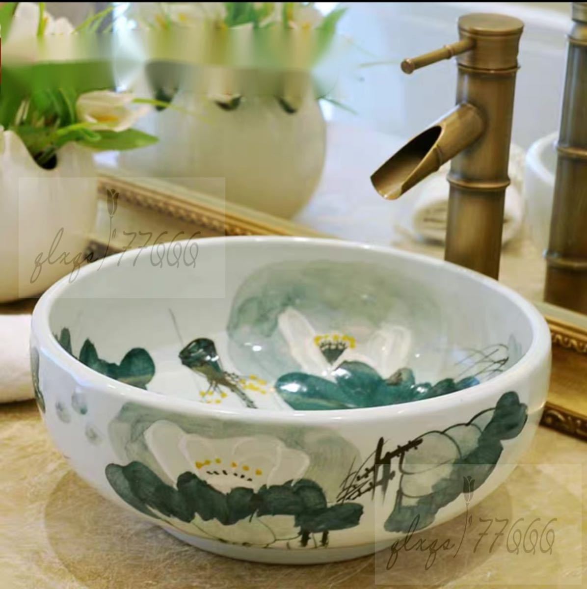 A004039高級洗面台 洗面ボウルセット 洗面ボール 陶器 手水鉢 ．手洗器 手洗い鉢 洗面器 蛇口 排水金具..