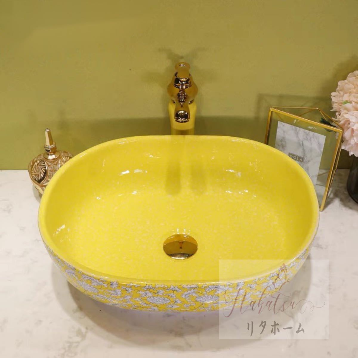 A022565高級洗面台 洗面ボウルセット 洗面ボール 陶器手水鉢 蛇口 排水金具付き Oki12