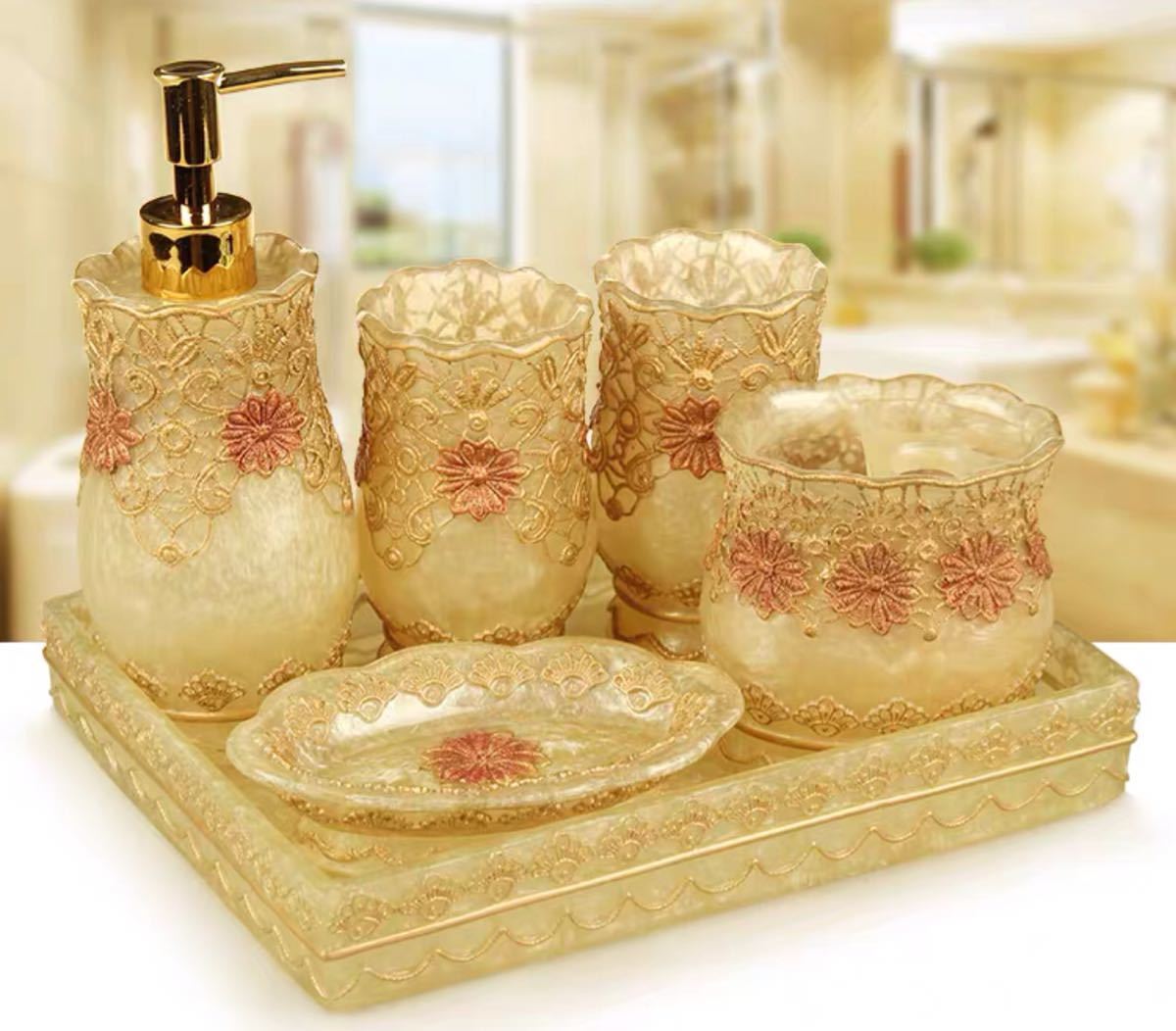 A027601ソープディッシュ サニタリー 洗面用具6点セットホルダー タンブラー ディスペンサー 歯ブラシスタンド バス用品