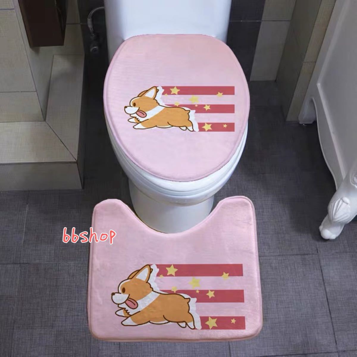 A016591トイレ2点セット マット+洗浄便座用フタカバー コーギー雑貨~