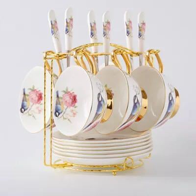 A009399西洋ティー・コーヒーカップセット カップ＆ソーサー6客セット 花柄豪華カップ 陶磁器ティーセット