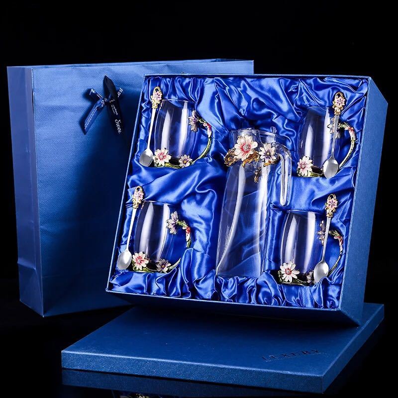 A024279ティー・コーヒーカップセット ガラス製カップ4客セット バラ花柄 ．姫系雑貨