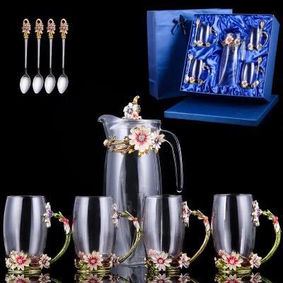 A024279ティー・コーヒーカップセット ガラス製カップ4客セット バラ花柄 ．姫系雑貨