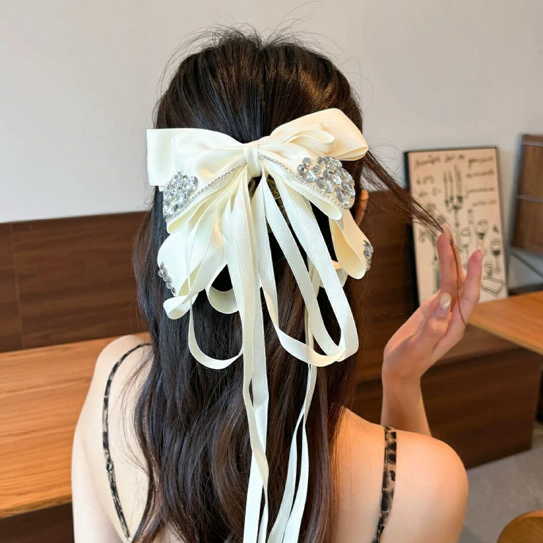 Rakuten - 上品リボンヘアクリップ バンスクリップ大きめ ビジュー付き ヘアアクセサリー