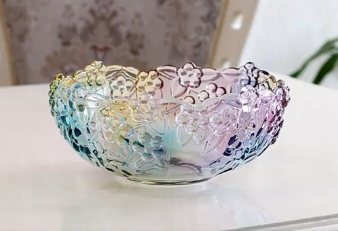 A045517高級果物皿　盛り皿 フルーツプレート、花柄豪華〜果物カゴ お菓子鉢 ．ガラス製