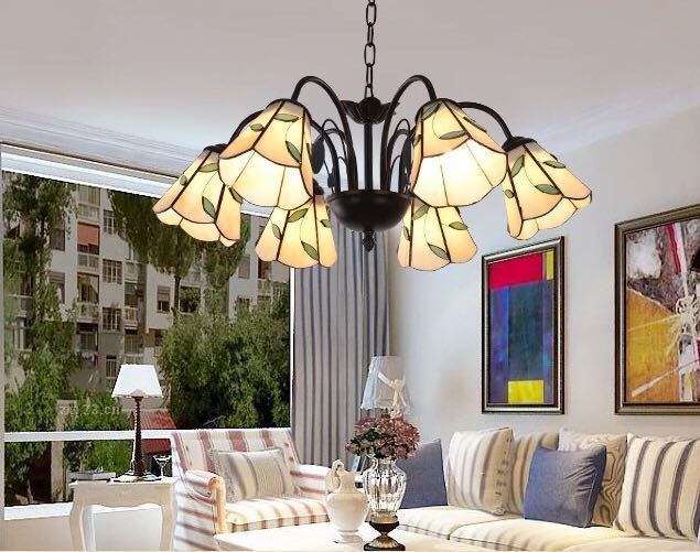 A019367ステンドグラス．ペンダントライト豪華天井照明ステンドグラスランプ ガラス工芸品. 電源直結タ..