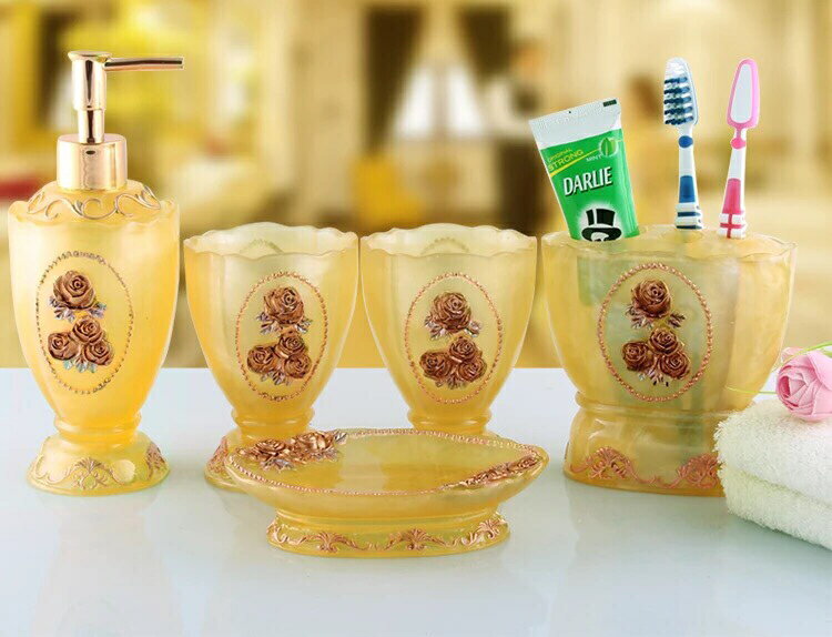A045529ソープディッシュ サニタリー 洗面用具5点セットホルダー タンブラー ディスペンサー 歯ブラシスタンド バス用品 ．姫系雑貨
