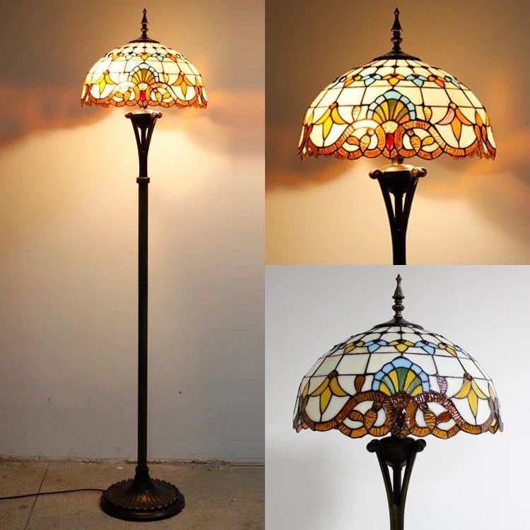 美しいガラスはどこから見ても華やかで美しい。繊細な造りの素敵なステンドランプ消灯時も素敵なインテリアになりますねサイズ ：幅約40x高さ約165cmワット数 ：60w x 2 (口金 E26）コードの長さ: 150cm素材：ガラス、樹脂、合...