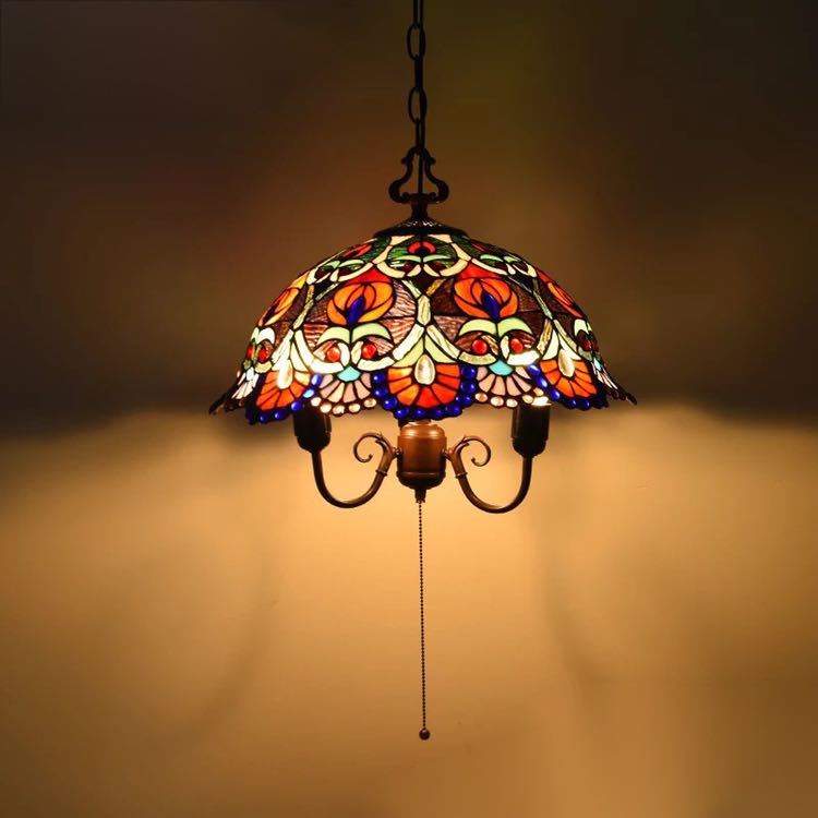 A043996ステンドグラス ペンダントライト 豪華天井照明ステンドグラスランプ ガラス工芸品 電源直結タ..