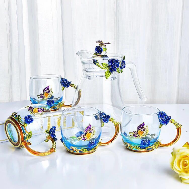 A022984薔薇花柄ガラス製 ．ティーセット 高級コーヒーカップセット 上品カップ