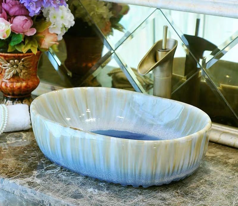 A042814洗面ボウルセット 洗面ボール 陶器 手水鉢 手洗器 手洗い鉢 洗面器 蛇口付き．