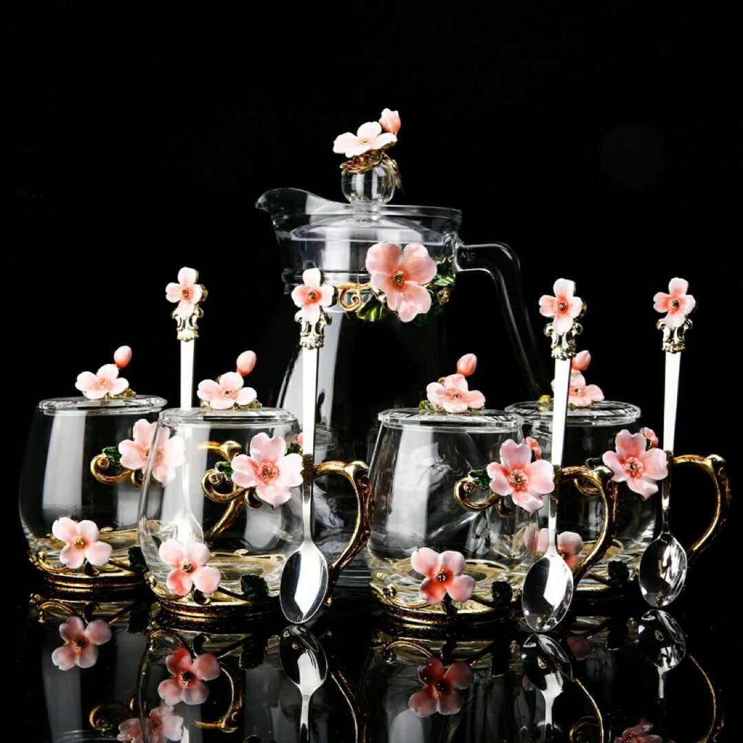 A032665花柄ガラス製 ティーカップ セット 食器 コーヒーカップ 豪華カップセット蓋付き