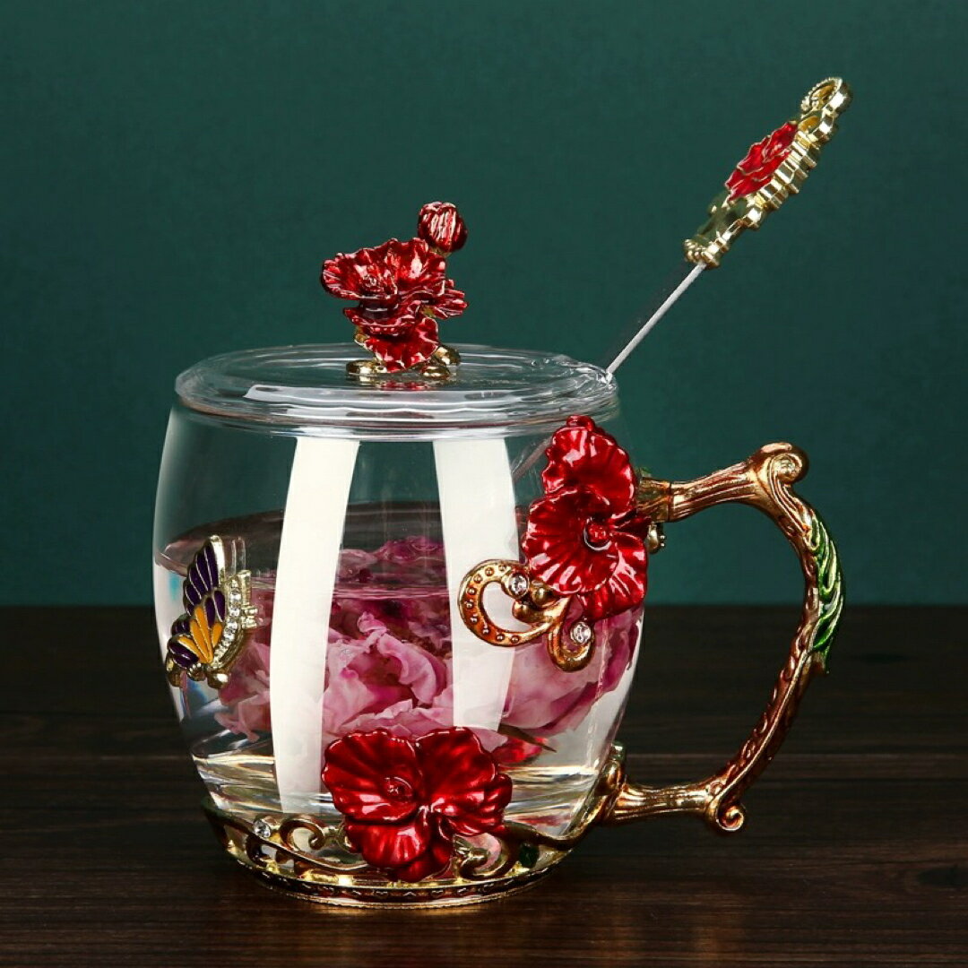 A032670ガラス製ティーコーヒーカップ3点セットカップ＆ソーサー1客 花柄 琺瑯質彩カップ