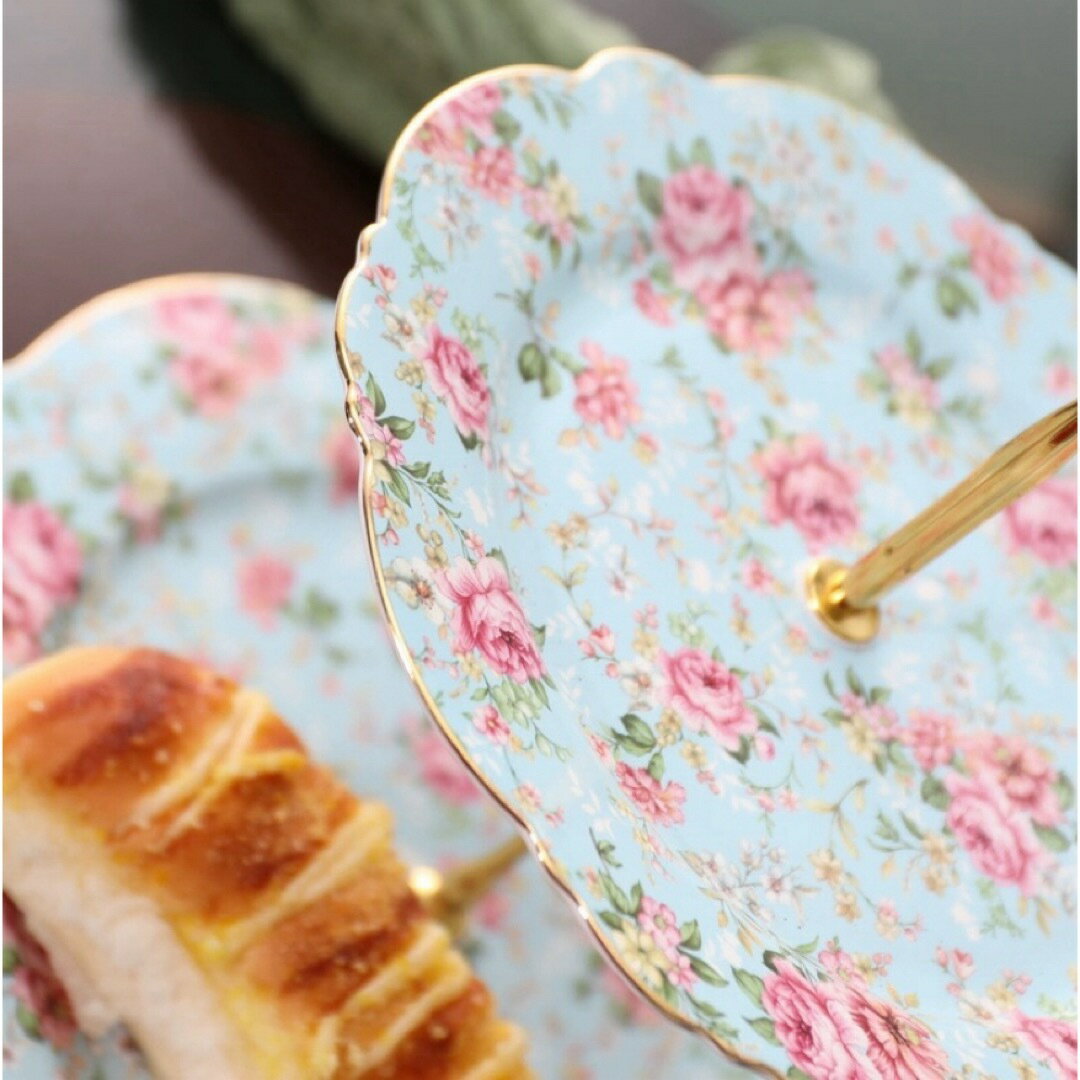 A033138ケーキスタンド プレート2段セット アフタヌーンティー フルーツ トレー皿 花柄