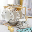 A033277西洋調ティーカップセット 花柄陶器 高級感 カップ&ソーサー 6客コーヒーカップ
