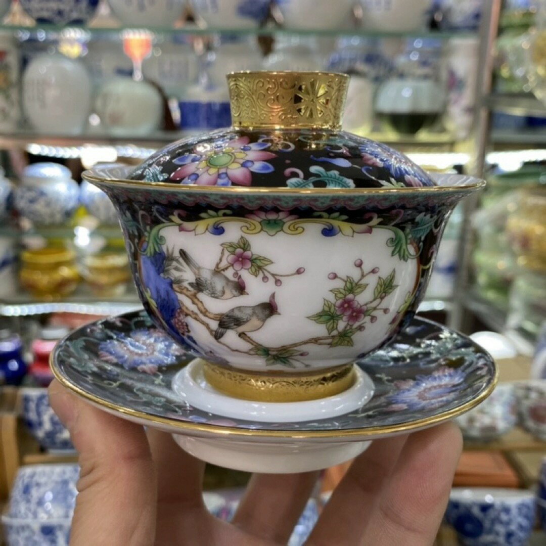 蓋碗　琺瑯彩 茶杯セット 茶器　三才碗 花柄 耐熱 陶磁器製の中国茶器 1客