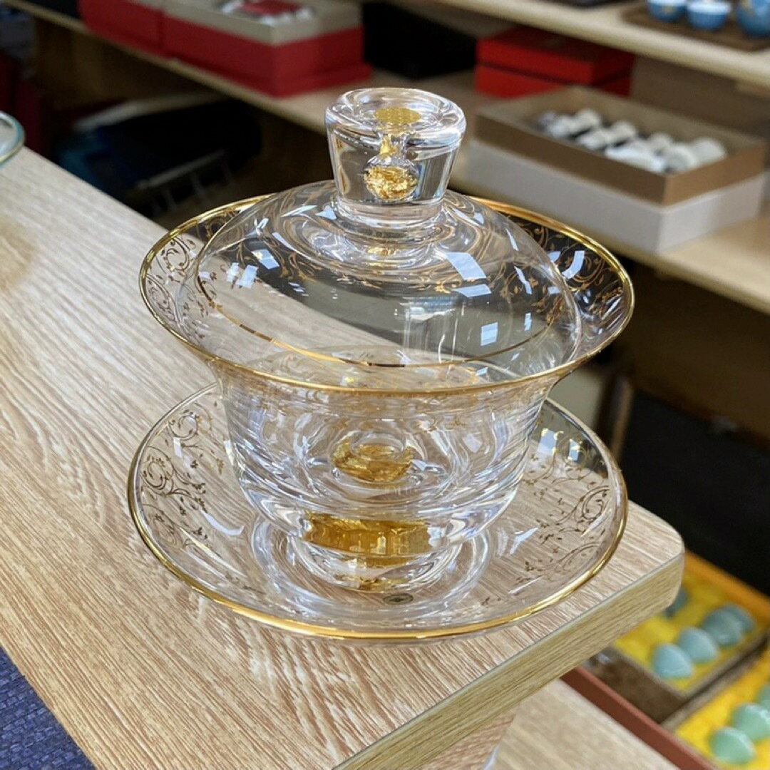 高級 蓋碗　茶杯セット 金箔入れ　おしゃれ　耐熱ガラス製の中国茶器 1客
