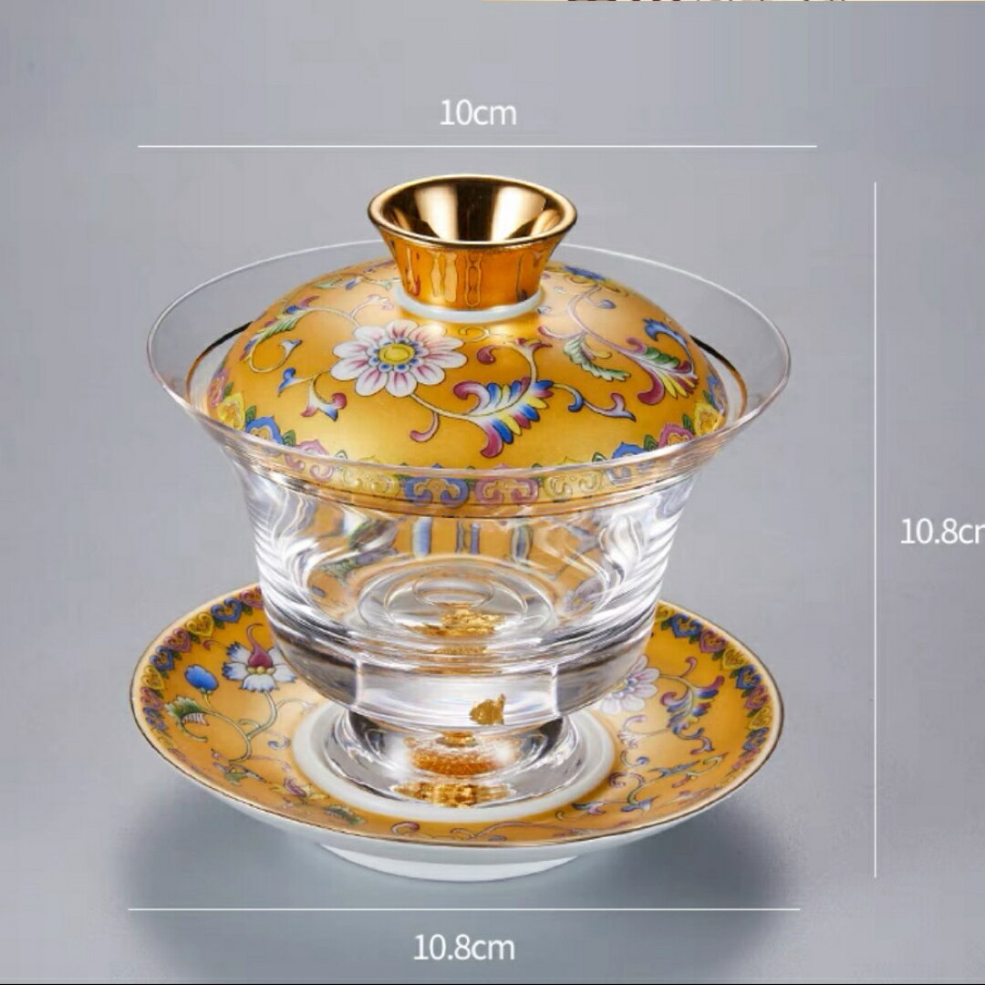 A033431金箔入れ　茶器ガラス蓋碗 135ml 磁器蓋と受け皿付き（花模様）高級 食器