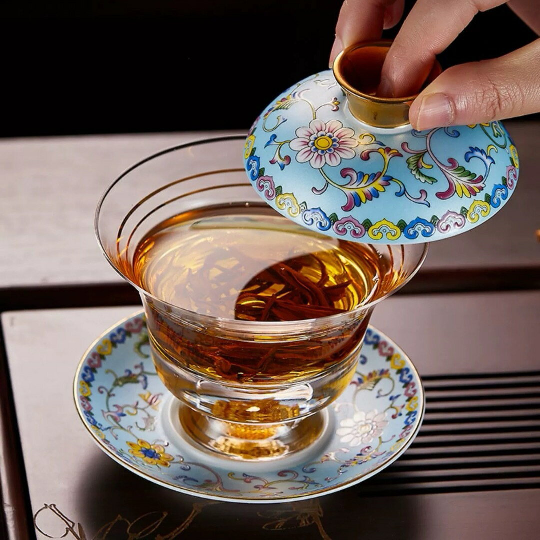 A033432金箔入れ　茶器ガラス蓋碗 135ml 磁器蓋と受け皿付き（花模様）高級 食器