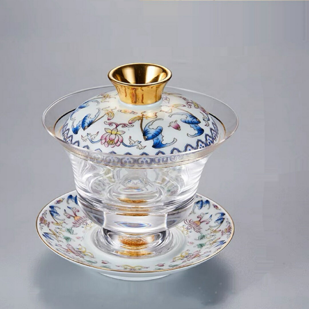 A033433金箔入れ 茶器ガラス蓋碗 135ml 磁器蓋と受け皿付き（花模様）高級 食器