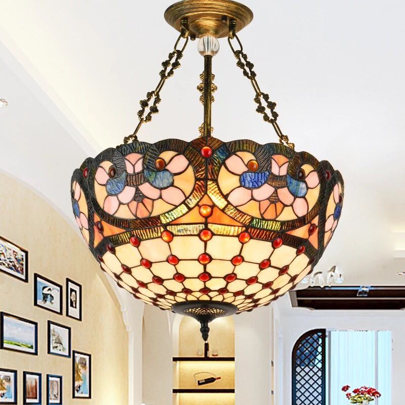A039743ステンドグラス ペンダントライト 豪華天井照明ステンドグラスランプ ガラス工芸品 電源直結タ..