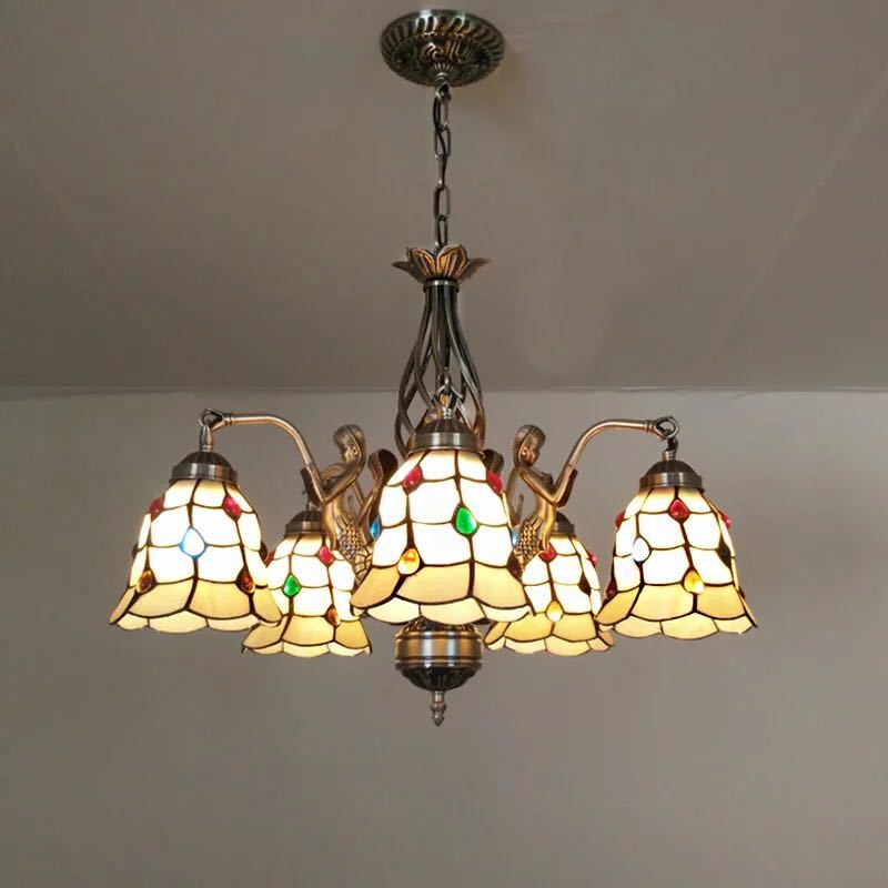 A009068ステンドグラス ペンダントライト 豪華天井照明ステンドグラスランプ ガラス工芸品． 電源直結..