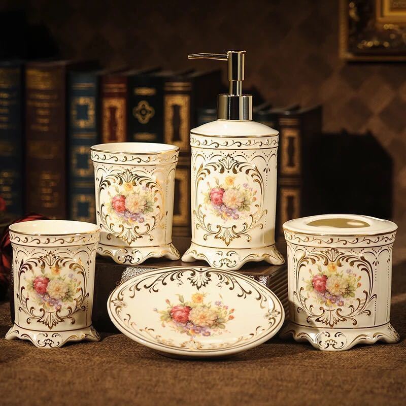 A035390バスルームセット 5点セット ソープディスペンサー 歯ブラシスタンド 石鹸置き コップ 洗面用具