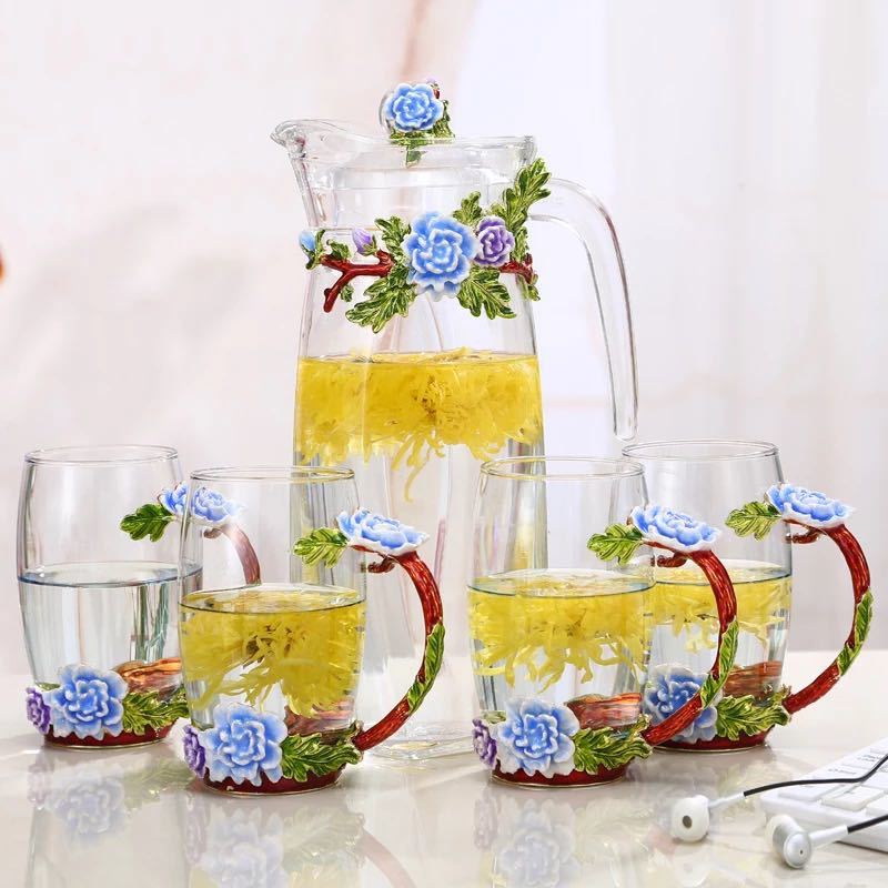 A024160西洋ティー・コーヒーカップセット ガラス製カップ4客セット 牡丹の花柄