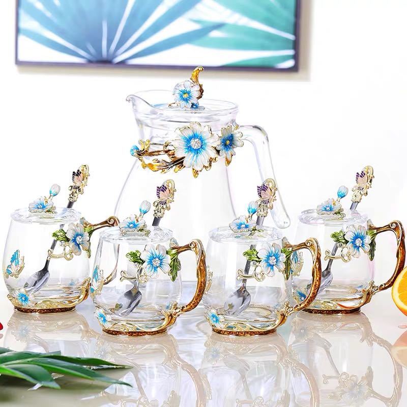 A046719西洋ティー・コーヒーカップセット ガラス製カップ4客セット ．花柄