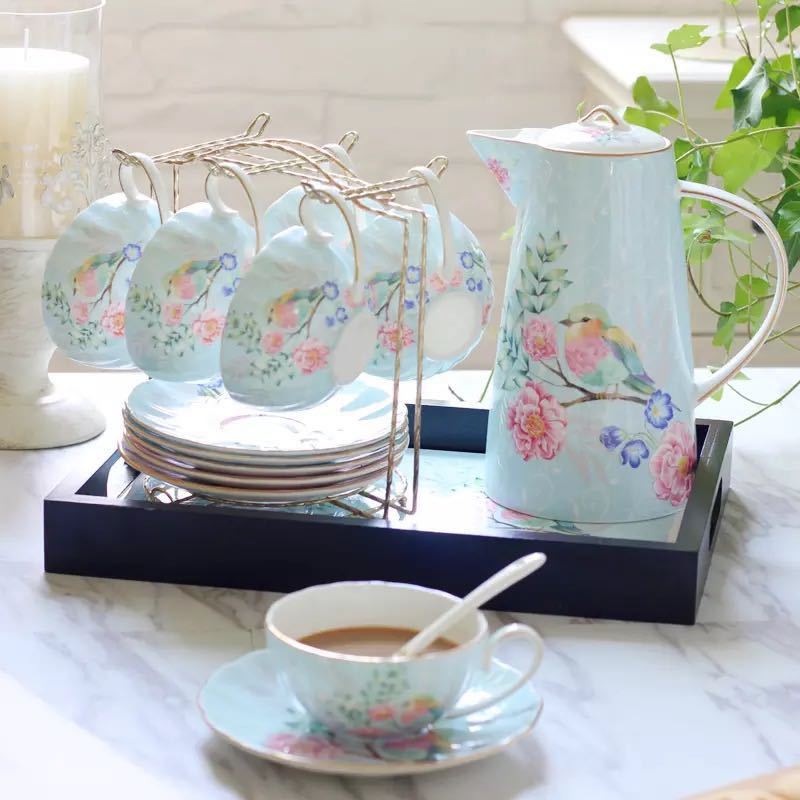 A015871ティー・コーヒーカップセット ★カップ＆ソーサー6客セット 陶磁器ティーセット トレー付き