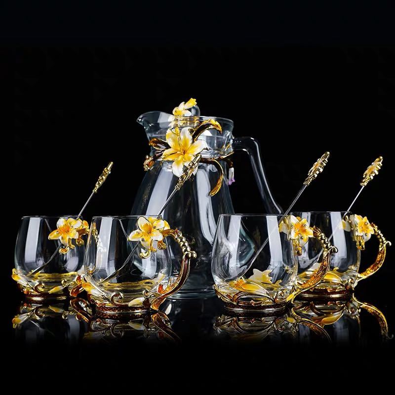 A024172西洋ティー・コーヒーカップセット ガラス製カップ4客セット 花柄