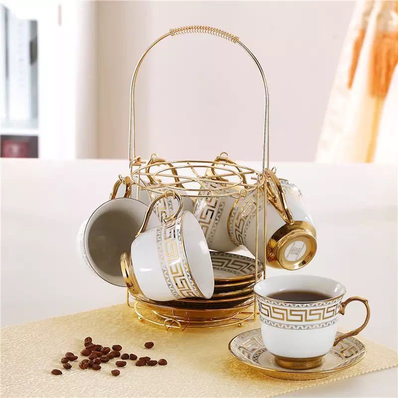 A062163ティー・コーヒーカップセット ★カップ＆ソーサー6客セット 陶磁器ティーセット ．カップラック付き