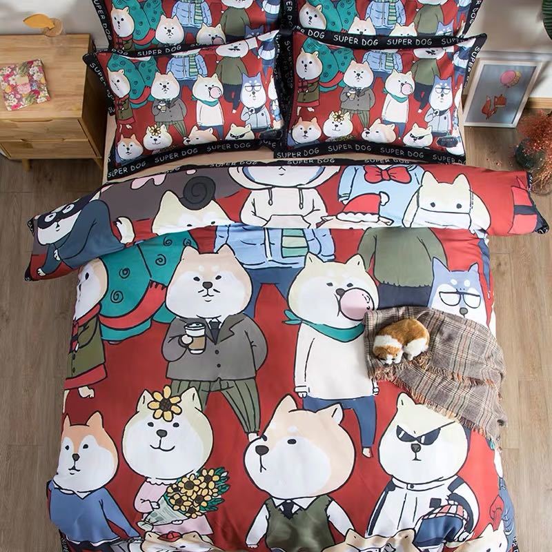 A019480ベッド用品4点セット掛け布団カバー 枕カバー ベッドパッド ワイドダブルサイズ 柴犬雑貨