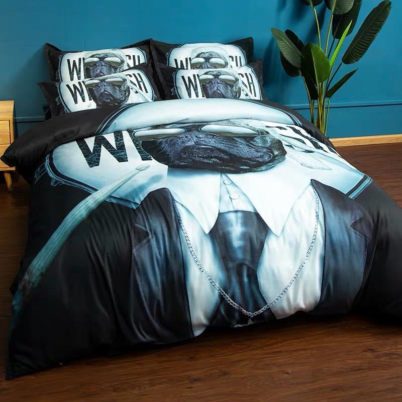 A027050ベッド用品4点セット掛け布団カバー 枕カバー ベッドパッド ワイドダブルサイズ パグ雑貨