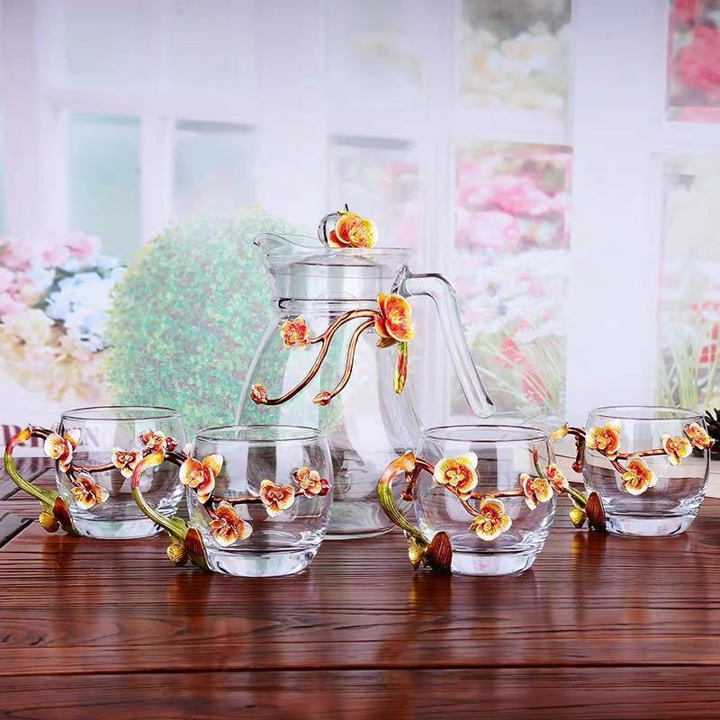 A021617ティーポット コーヒーカップ 5点セット ガラス製 花柄．