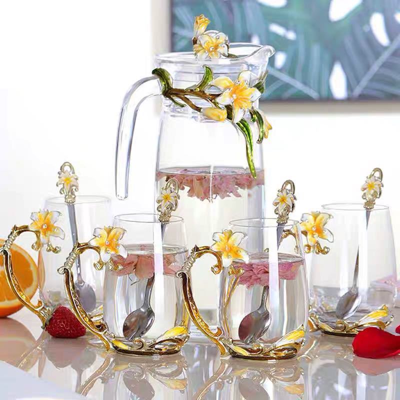 A021623ティーポット コーヒーカップ 5点セット ガラス製 花柄