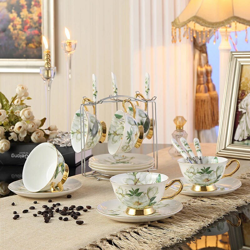 A017258ティー・コーヒーカップセット カップ＆ソーサー6客セット 花柄 姫系雑貨 上品 陶磁器ティーセット