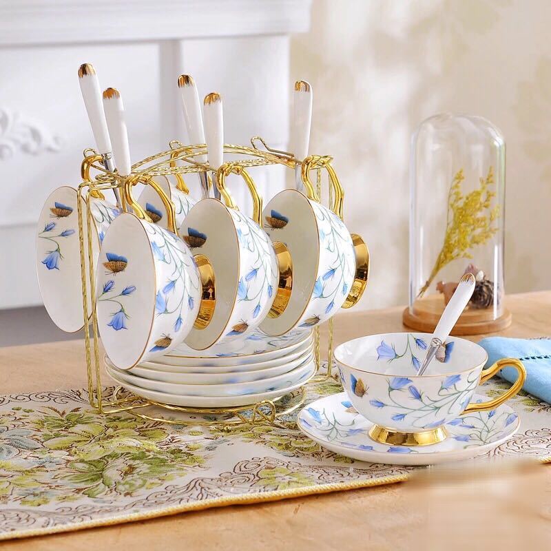 A042851西洋ティー・コーヒーカップセット カップ＆ソーサー6客セット 花柄豪華カップ 陶磁器ティーセット