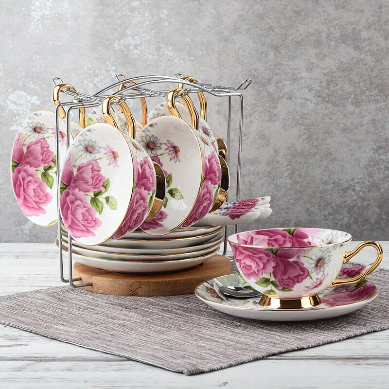 A044178ティーカップ＆ソーサー 6客セット 花柄．陶器．コップ ティーセット