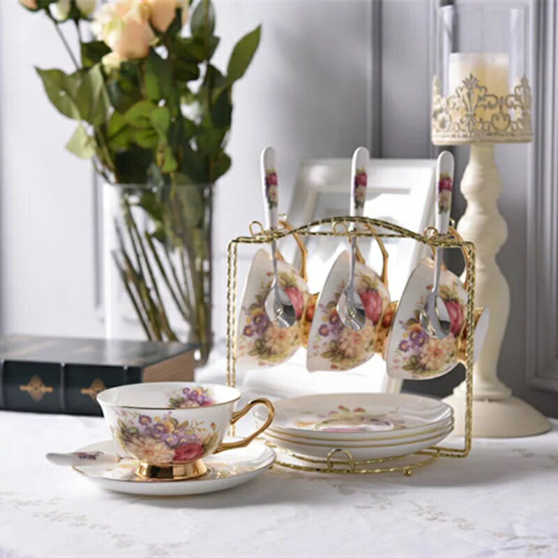 A057504ティー・コーヒーカップセット カップ＆ソーサー4客セット 花柄 姫系雜貨 陶磁器ティーセット