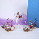 A047049赤薔薇花柄ガラス製 .ティーセット 高級コーヒーカップセット 上品カップ