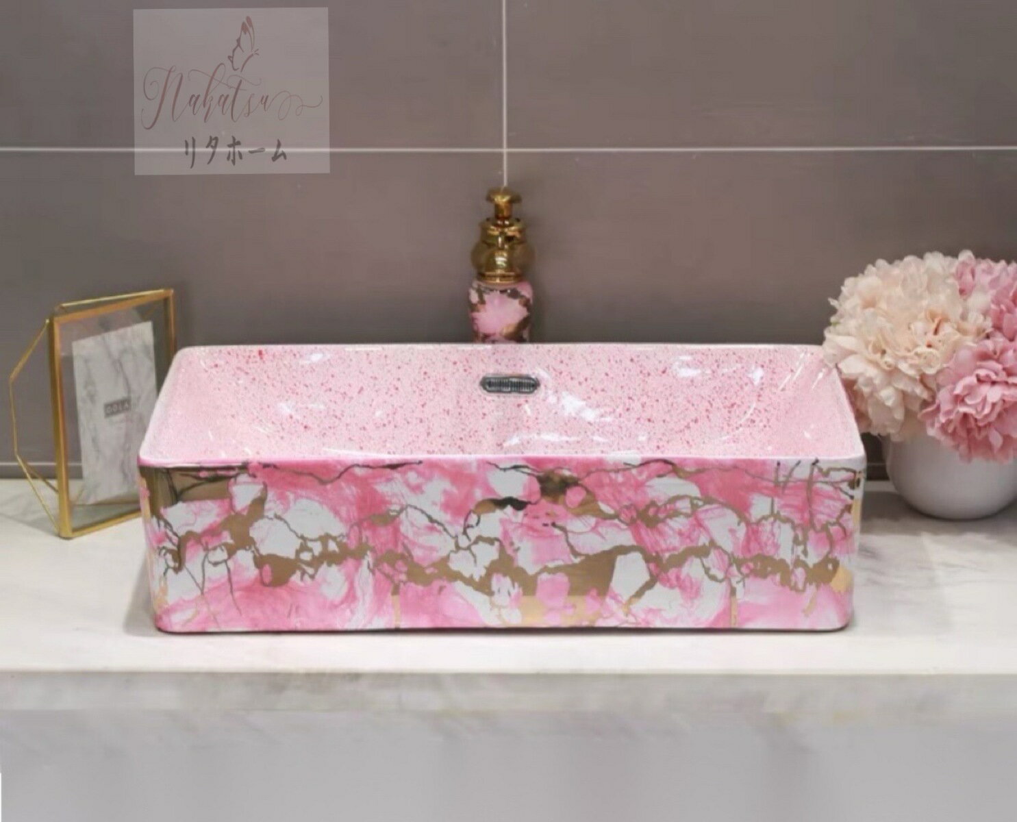 高級洗面台 洗面ボウルセット 洗面ボール 陶器 手水鉢 手洗器 手洗い鉢 洗面器 蛇口 排水金具付き ピンク