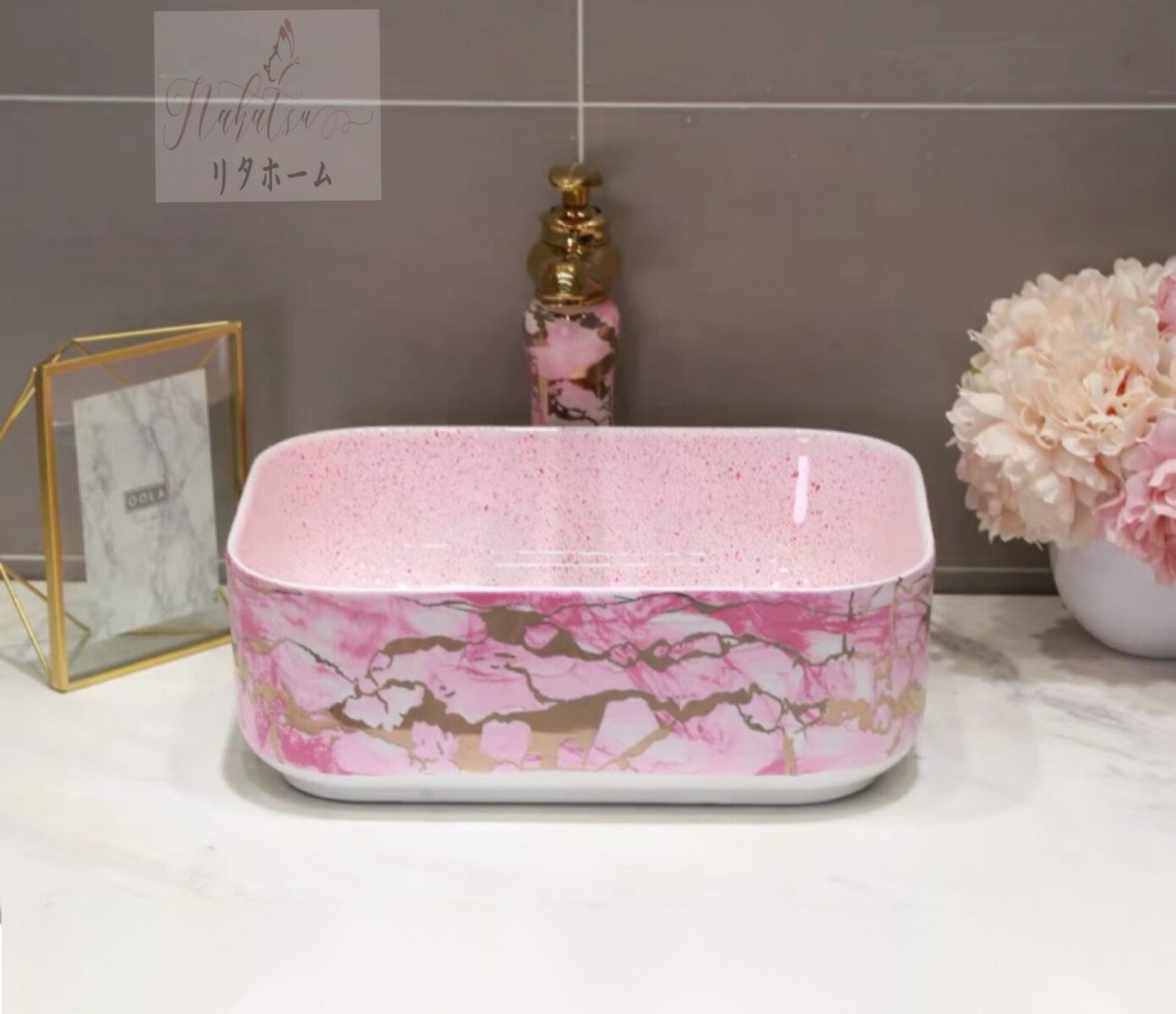 A010246高級洗面台 洗面ボウルセット 洗面ボール 陶器 手水鉢 手洗器 手洗い鉢 洗面器 蛇口 排水金具付き ピンク