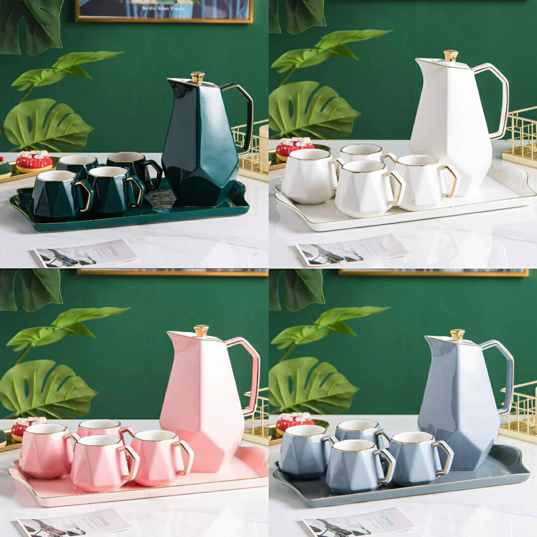 A064370北欧風ティーカップ6点セット カップコップ ティーポット トレイ付き 高級感