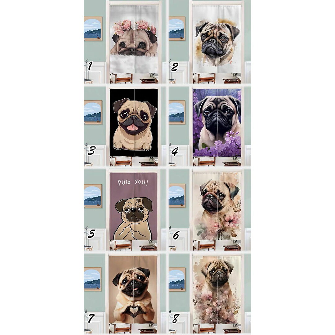 A064612パグ のれん犬柄ロングカーテン暖簾 目隠し かわいい間仕切りインテリア 洋風