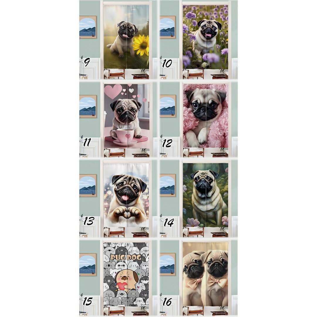 A064612パグ のれん犬柄ロングカーテン暖簾 目隠し かわいい間仕切りインテリア 洋風 [2]