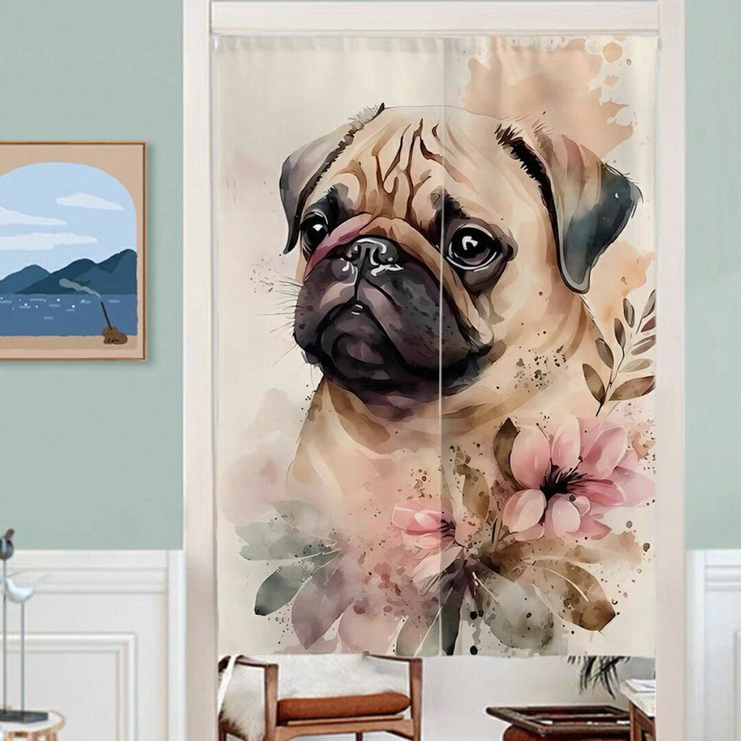 A064618パグ のれん犬柄ロングカーテン暖簾 目隠し かわいい間仕切りインテリア 洋風