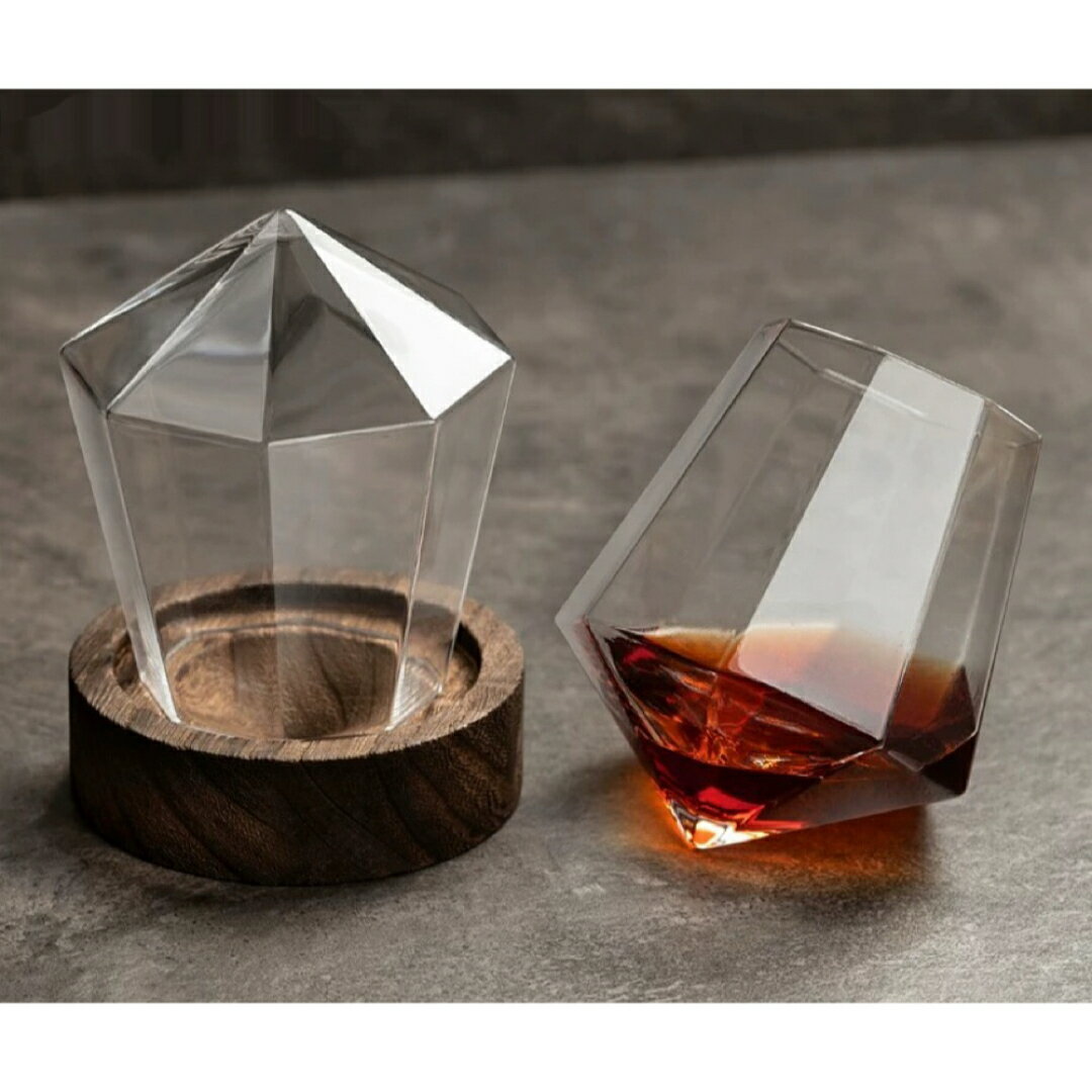 A064653ダイヤモンド型ウイスキーグラス 木製台座付き ガラスコップ おしゃれ