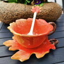 A019603 紅葉モチーフ陶器カップセット プレートとスプーン付き 秋カラーが美しいおしゃれ食器 二客セット